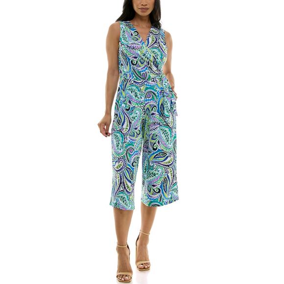 NWT Nina Leonard Green Multi Print Surplice Wide Leg Crop Jumpsuit Womens Large - Picture 1 of 12